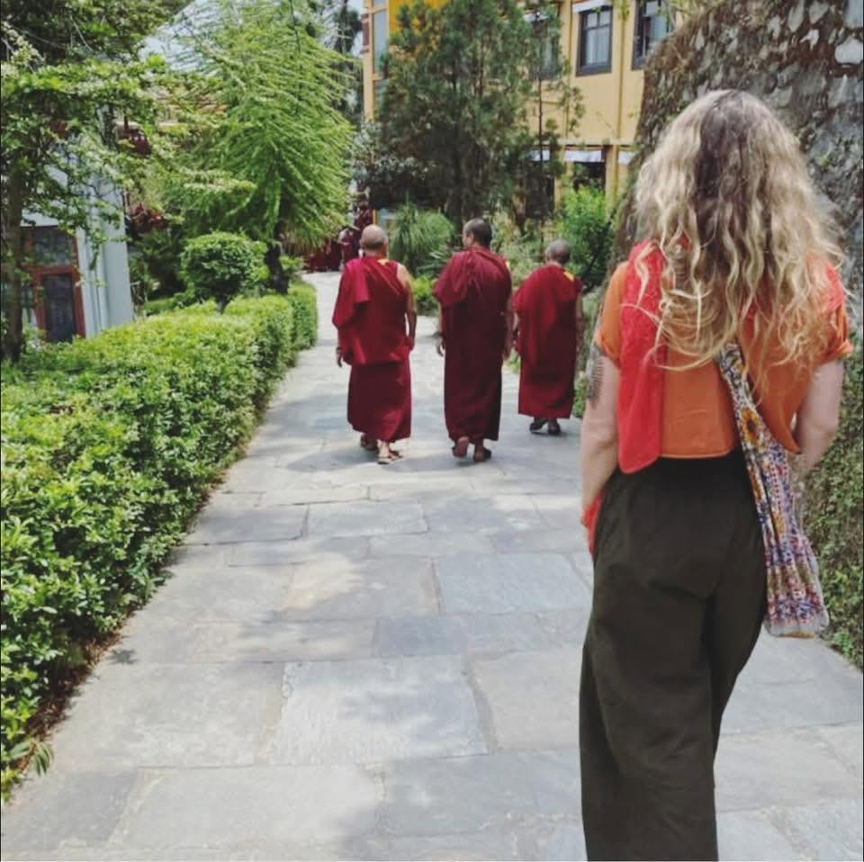 Following monks along a monastery path, Nepal